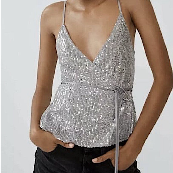 NWT Zara Women’s Silver Sequin Wrap Top Sleeveless Cropped Party Shirt - Picture 1 of 8